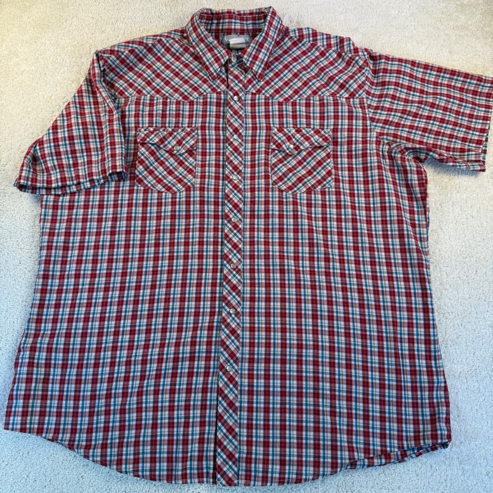 Retro Wrangler‎ Rancher Mens Red Plaid Short Sleeve Pearl Snap Shirt Western